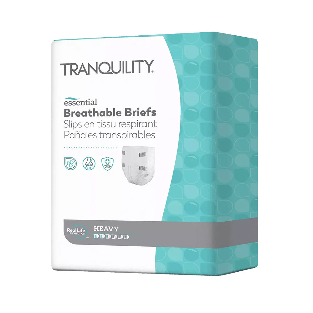 Tranquility® Essential Breathable Briefs are a soft and breathable tab-style product offering secure protection where you need it. These briefs feature breathable side panels and refastenable tabs for a comfortable fit. Kufguards® channel and lock in fluid to keep you dry. Recommended for individuals with heavy incontinence. Latex-free.