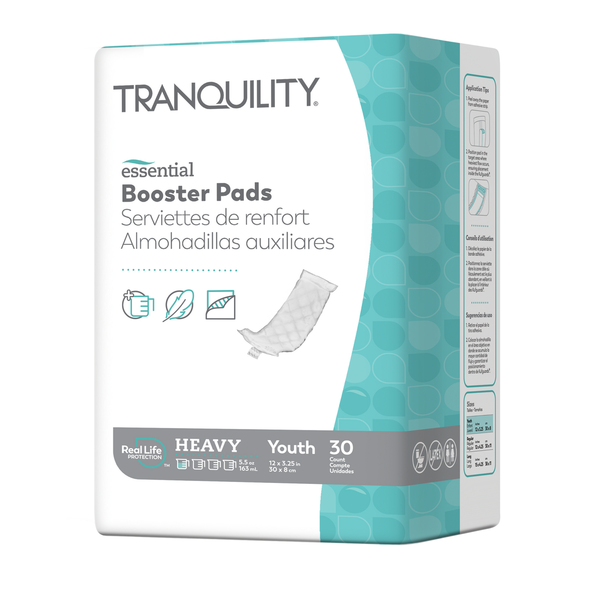 Tranquility Essential Heavy flow-through booster pads in Youth, Regular and Long sizes