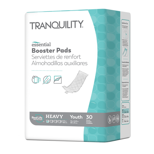 Tranquility Essential Heavy flow-through booster pads in Youth, Regular and Long sizes